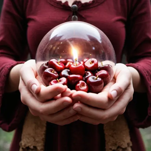 Prompt: HANDS IN A BALL-SHAPED SPHERE OR JAR WITH CORK, INSIDE SEVEN CHERRY-COLORED POWERS AND HANDS INSIDE ARE HOLDING THEM, ALL IN A MAGICAL WORLD