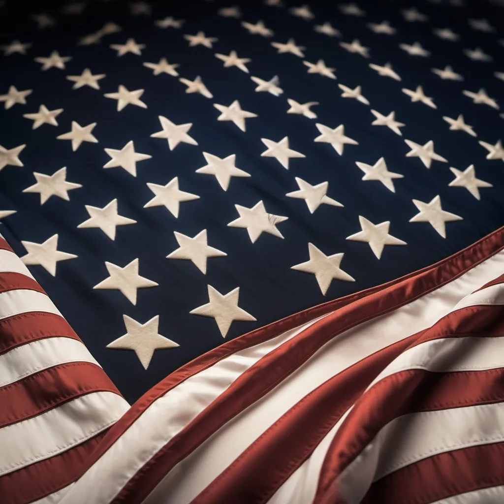 Prompt: "A dramatic close-up of the American flag, with a focus on the stars and stripes. Overlay subtle, glowing symbols and icons related to historical events (like a silhouette of George Washington, a space rocket, etc.) to suggest hidden stories within the flag. The background should be a blend of historical imagery and modern elements, creating a sense of mystery and depth."