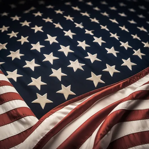 Prompt: "A dramatic close-up of the American flag, with a focus on the stars and stripes. Overlay subtle, glowing symbols and icons related to historical events (like a silhouette of George Washington, a space rocket, etc.) to suggest hidden stories within the flag. The background should be a blend of historical imagery and modern elements, creating a sense of mystery and depth."