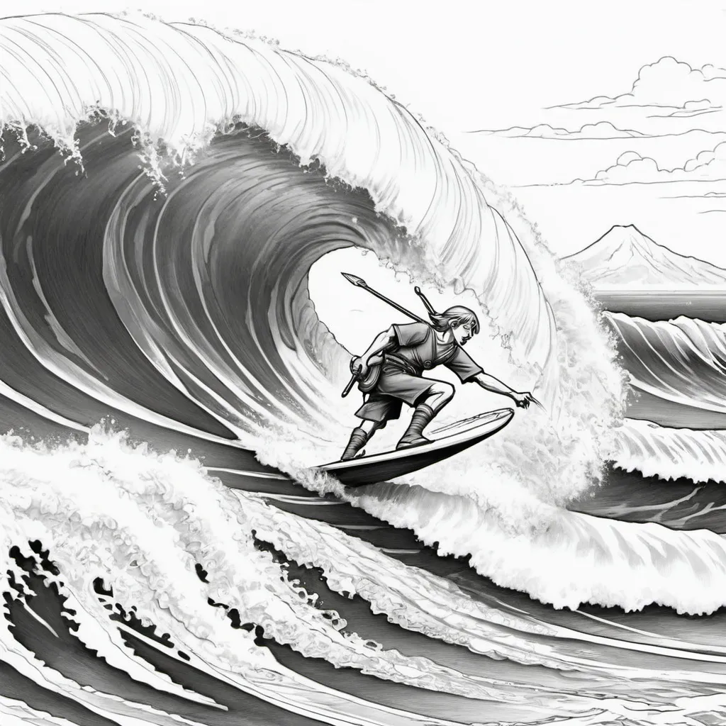 Prompt: a coloring page with link surfing in the ocean catching a huge wave