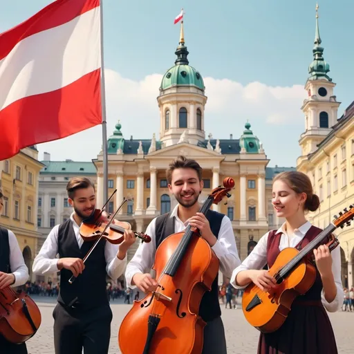 Prompt: (realism style), vibrant warm color scheme, international music students, diverse cultural heritage, playing various instruments, expressions of joy and passion, background featuring (Austrian flag) in distant view, subtle immigration symbols, beautiful Vienna architecture, lively atmosphere, harmonious interactions, meticulous details, high quality 4K.