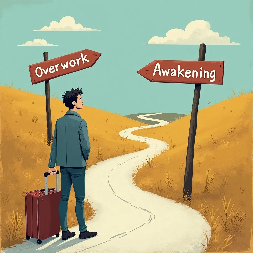 Prompt: Image: A winding road with two signposts: one says "Overwork," the other "Awakening." You’re at a crossroads, suitcase in hand, looking determined but thoughtful.
