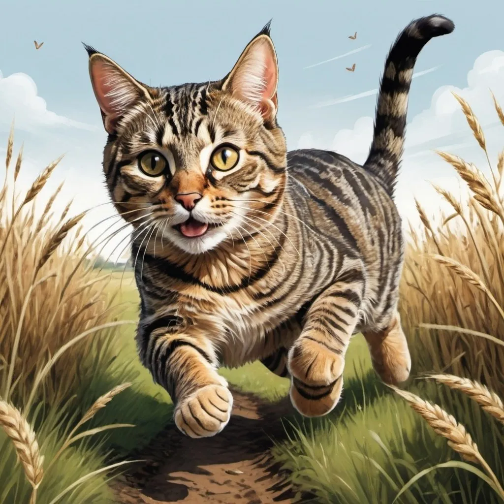 Prompt: a tabby adult cat children illustration which is a bit darker and running through a field