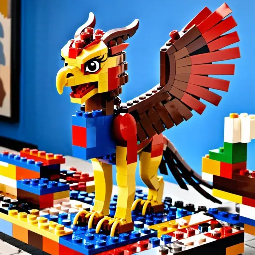 Prompt: Lego girl Gryphon in a animation art in pieces 