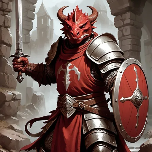 Prompt: red dragonborn oath of the ancients paladin wielding a sword and shield D&D 5e