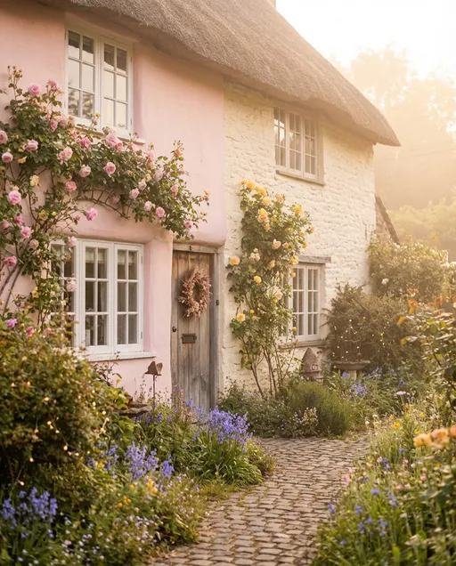 Prompt:  A dreamy cottagecore house surrounded by a lush flower garden, pastel-colored cottage with white wooden windows, climbing roses and wildflowers, soft morning sunlight, cozy countryside vibe, fairycore aesthetic, cobblestone path, wooden door with floral wreath, warm tones, ultra detailed, soft focus, cinematic, 4k
