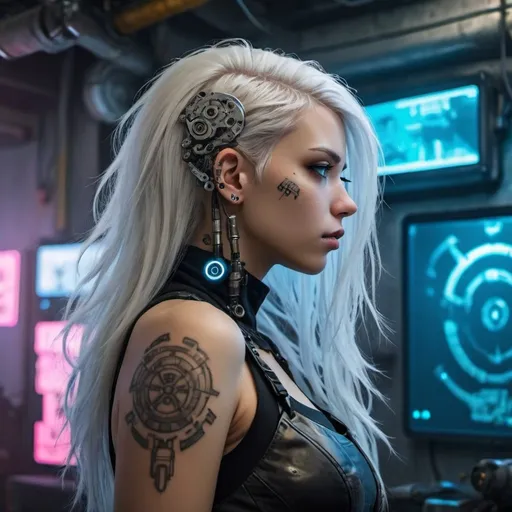 Prompt: Cyberpunk Girl with white hair, looking to the right, eyeliner, blue eyes, tattoos, and mechanical features