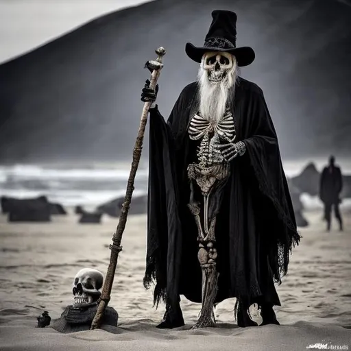 Prompt: Real fully size Skeleton wizard. Has a long grey beard and carring his bone staff. Wearing a black robe and standing in the sand. Very mean looking and  extremely detailed 