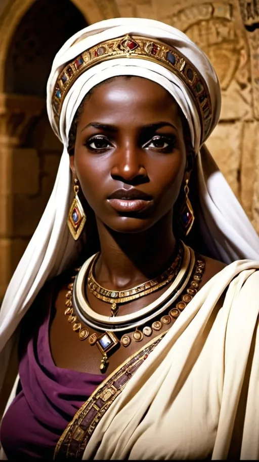 Prompt: the prophetess Huldah, who was the wife  in ancient Israel  middle eastern dark skin
