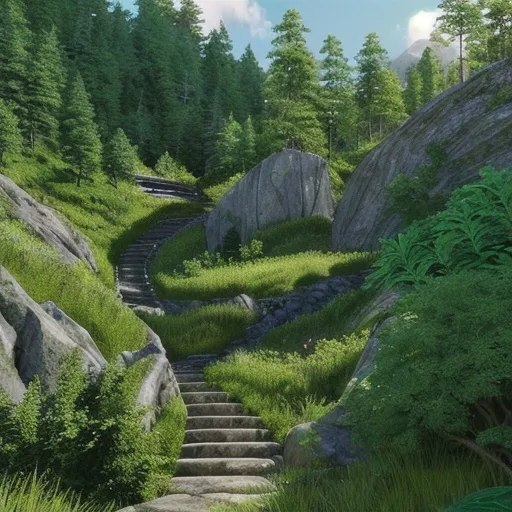 Prompt: In a lush, green landscape, picture a 'Winner's Staircase':

1: a powerful, gleaming pickaxe, 
2: a brighter pickaxe
3: a faint mining pickaxe, 

Surrounding the stages, envision a majestic mountain backdrop. Subtle sparkling green gems