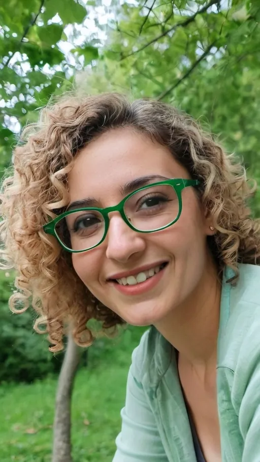 Prompt: a woman with glasses and curly hair smiling for a picture in coofewith trees in the background and a green frame, Ayshia Taşkın, les nabis, profile picture, a pictureAvec moi au c