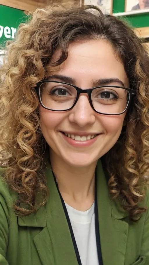 Prompt: a woman with glasses and curly hair smiling for a picture in cofe  and a green frame, Ayshia Taşkın, les nabis, profile picture, a pictureAvec moi au c