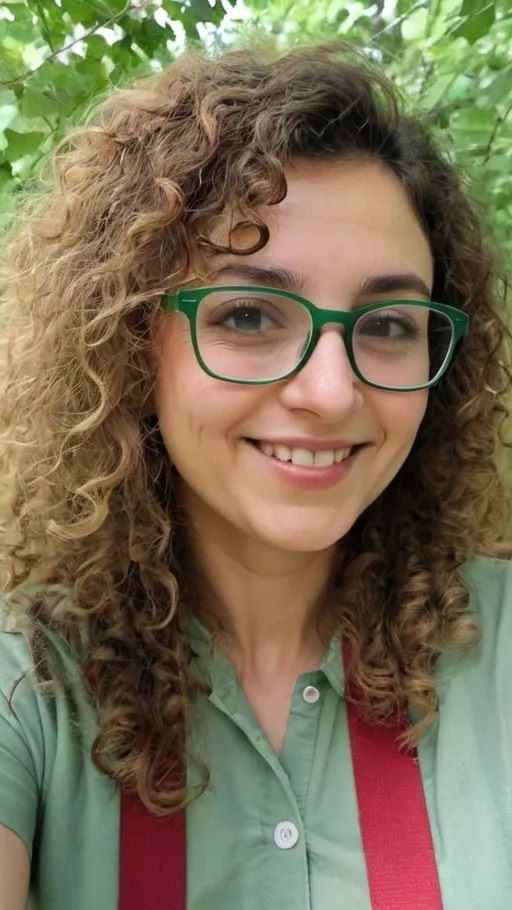 Prompt: a woman with glasses and curly hair smiling for a picture in coofewith trees in the background and a green frame, Ayshia Taşkın, les nabis, profile picture, a pictureAvec moi au c