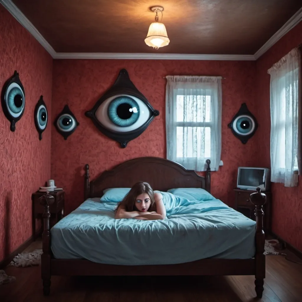 Prompt: dream of gohosts with strange eyes standing in room when sleeping