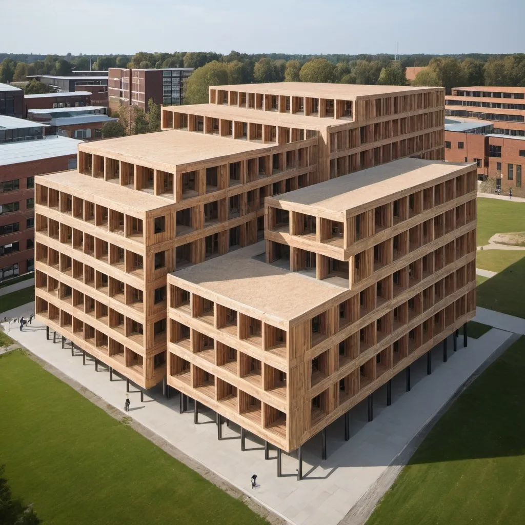 Prompt: A multi-storey campus made out of timber and brick