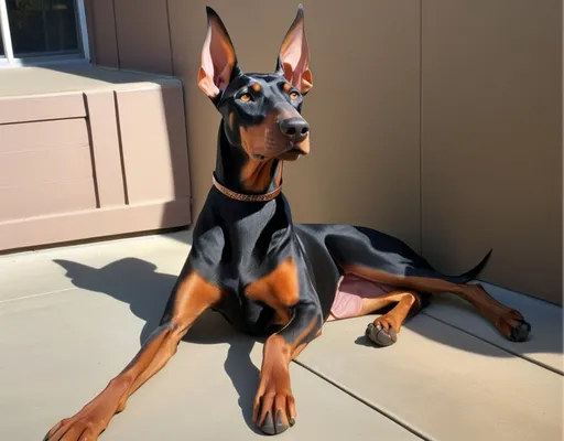 Prompt: Mid-century modern illustration of a regal Doberman Pinscher, warm earthy tones, mid-century modern setting, sleek and angular design, detailed coat with warm reflections, intelligent and poised expression, minimalistic collar, best quality, highres, mid-century modern, detailed eyes, professional, warm lighting