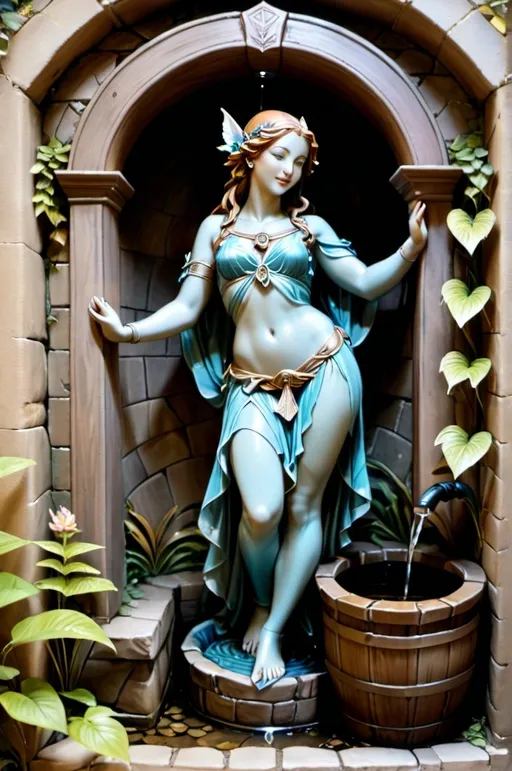 Prompt: statuette of a nymph holding a wooden water bucket in a niche standing beside a well, dnd style