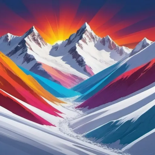 Prompt: Mountains, abstract,
Snow-capped, some vibrant color Caused by sun rays