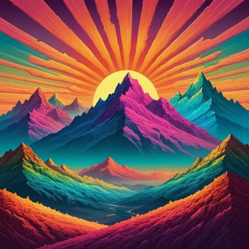 Prompt: Vivid, triple sun mountain scape, colorful, high quality, surreal, fantasy, vibrant, detailed mountains, distinct sun positions, atmospheric lighting, mountain range, surreal color palette, professional, wide spacing of suns, highres, vibrant colors, high contrast