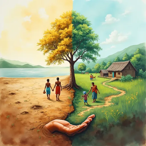 Prompt: A painting depicting  Split the painting into two halves that blend in the center. Use soft, fluid watercolor transitions to show the relationship between poverty and climate vulnerability.

Left Side – Impact of Climate Change on Poverty

A dry, cracked land with a small, fragile hut in the middle.
A family, barefoot, walking toward uncertain terrain, carrying empty vessels.
In the background, show withering crops and rising floodwaters approaching the edge.
Right Side – Climate-Resilient Future

A green, flourishing village built with solar panels and sustainable farming practices.
Community members (men, women, and children) working together, smiling, planting trees.
A large hand from the center bottom symbolizing support — possibly labeled “Global Solidarity” or “Community Empowerment.”
Central Blend:

The transition between despair and hope — perhaps shown through a single tree growing from barren soil into full bloom across the page, with leaves that bear icons of the SDGs.