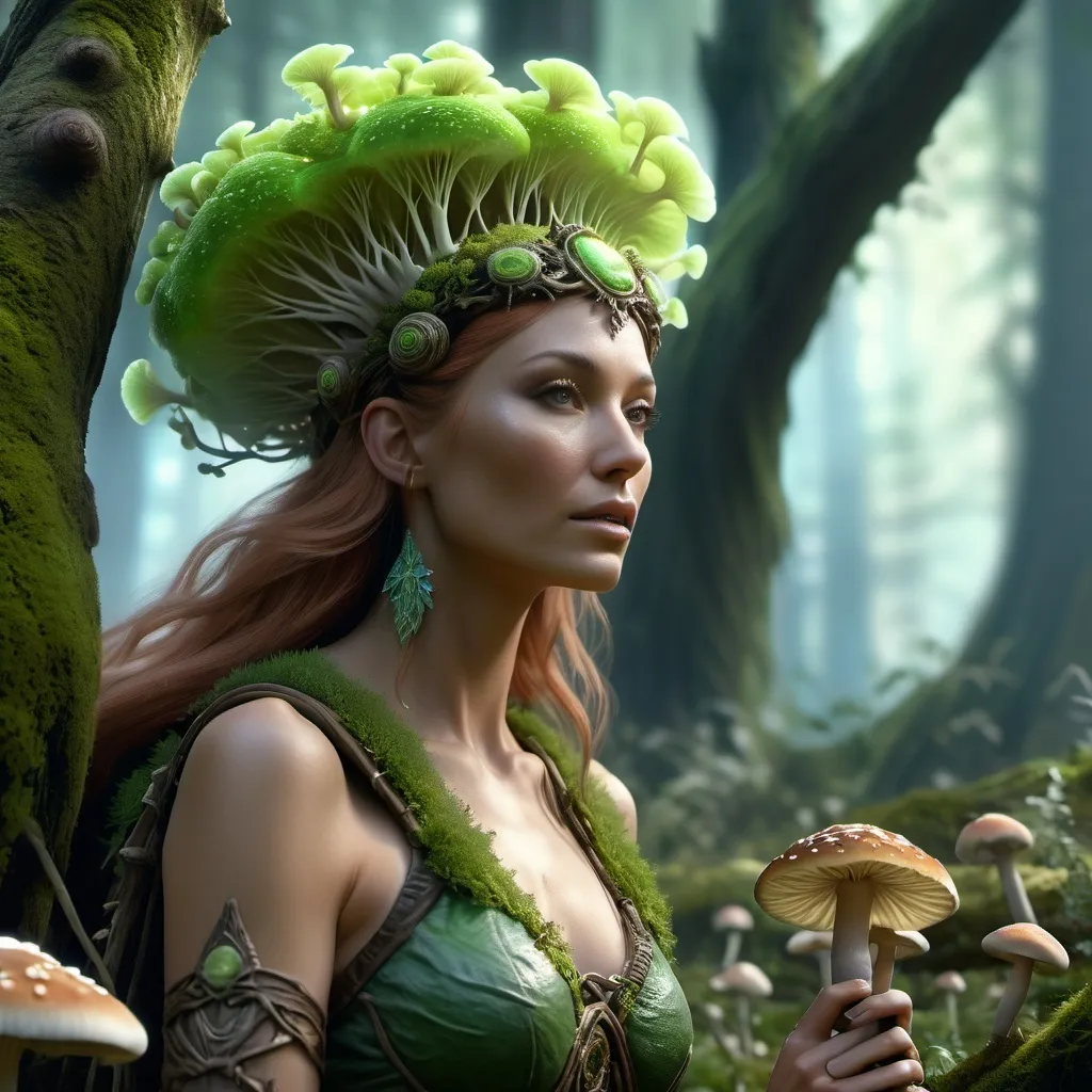 Prompt: Female spore druid photorealistic nature scene
