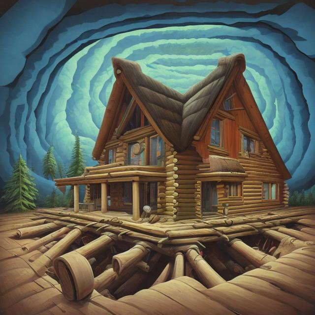 Prompt: Tim Jacobus style Painting of the exterior of a Log Cabin placed in the center of the interior of a house's attic with a warped Low Angle Perspective and garish, surreal colors.