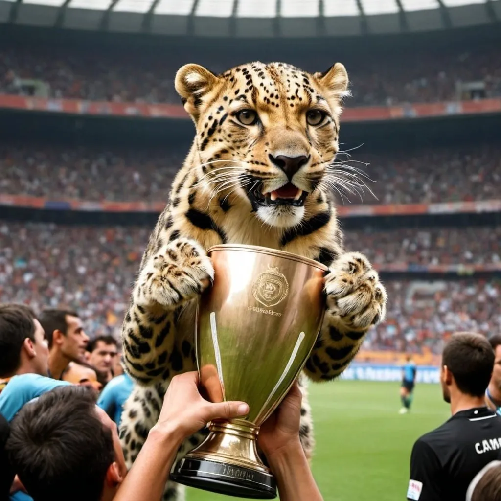 Prompt: Crear una imagen de un leopardo levantando una copa de campeon de futbol, en un  estadio lleno de gente siendo campeon