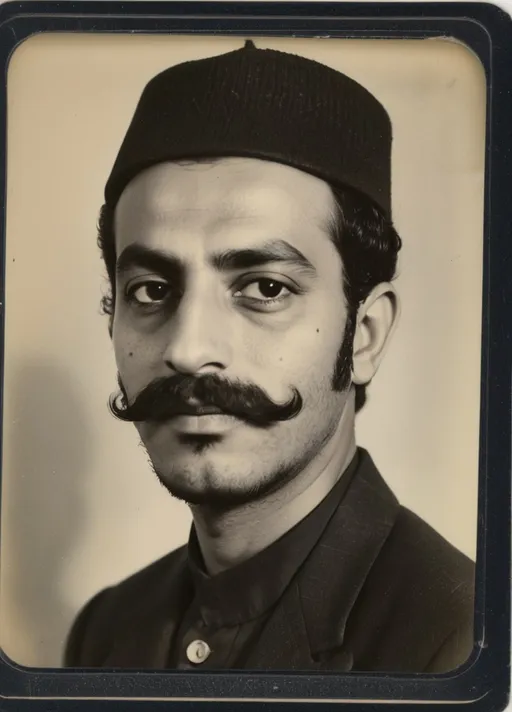 Prompt: a man with a beard and mustache in a picture frame with a black border around it and a white background, Ahmed Karahisari, hurufiyya, 1 9 7 0 s, a polaroid photo