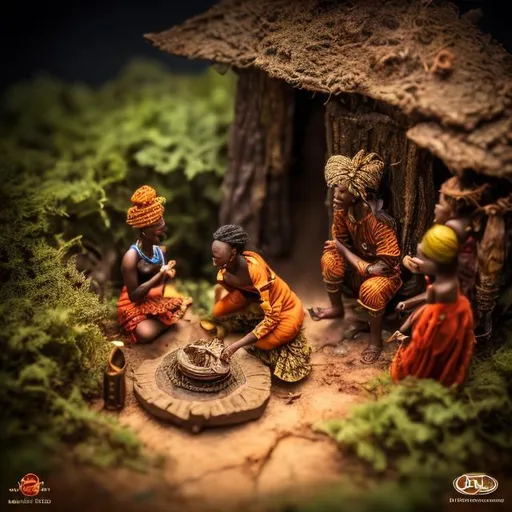 Prompt: miniature diorama macro photography, African, folktale, twilight, fire, storytelling, humans, podcast cover