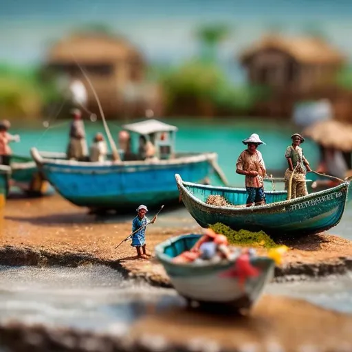 Prompt: miniature diorama macro photography, realistic Tiny fishermen with nets, boats, and a serene beach setting depicting the tranquility of African fishing communities