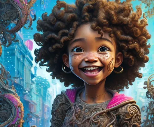 Prompt: Artwork by Daisuke Hagiwara of a young black girl, curly hair, smiling, hyper detailed and intricate, ornate, (sharp focus:1.2),smooth facial, eyes, nose, vivid, vibrant, 8K 3D, (UHD:1.2), 8k resolution, character design, CloverWorks, (rendered by real engine 5)