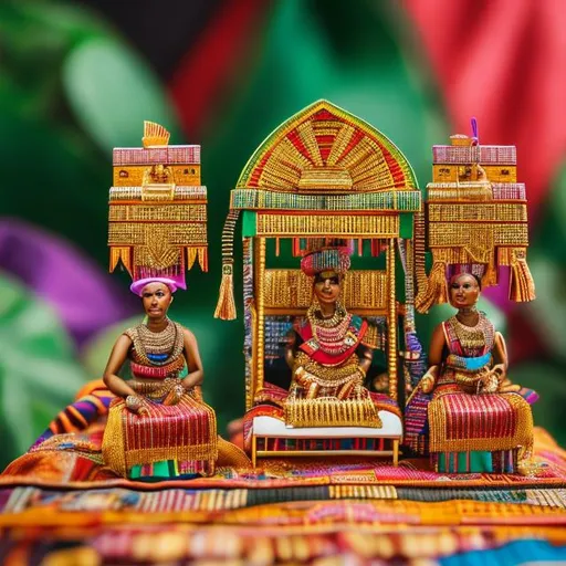 Prompt: miniature diorama macro photography, detailed and colourful kente cloth, gold jewellery, royal procession 