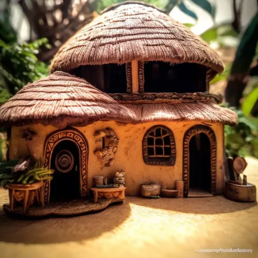 Prompt: miniature house diorama macro photography, African hut, cozy, ornate