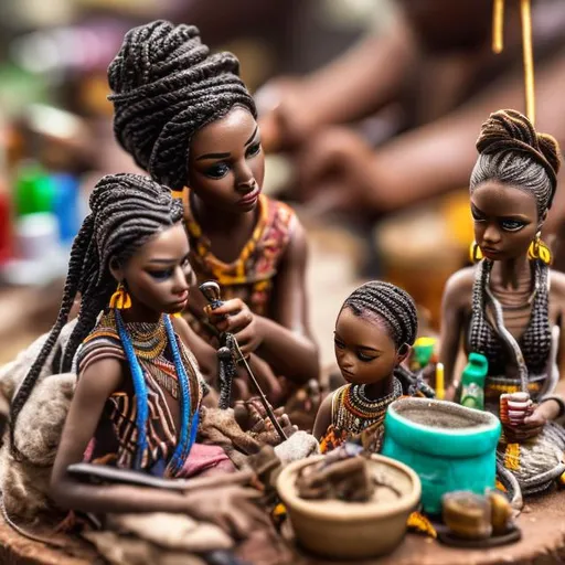 Prompt: Miniature African hairdresser, at a market, diorama macro photography, busy, braiding,