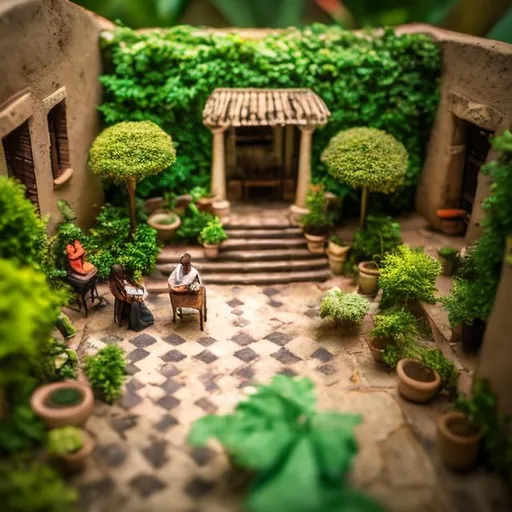 Prompt: miniature diorama macro photography, African colonial patio, British, lush garden