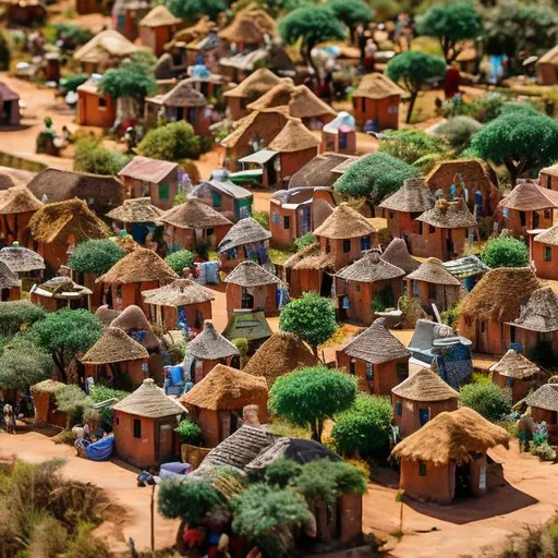 Prompt: Realistical miniature photography of a South African village: Tiny thatched-roof huts, walls painted in bright African symbols, joyful villagers adorned in traditional garments.