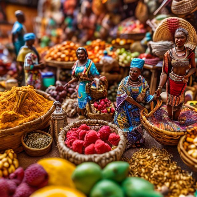 Prompt: miniature diorama macro photography, African market stalls with colorful fabrics, baskets of fruits, and small figures engaged in trade