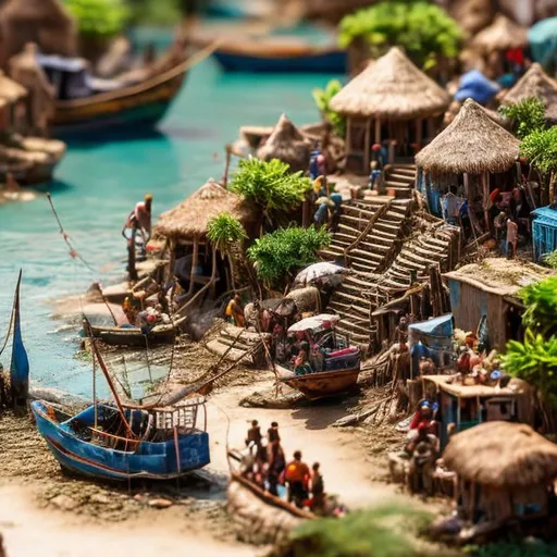 Prompt: miniature diorama macro photography, realistic African fishing village with boats, nets, baskets, seafront