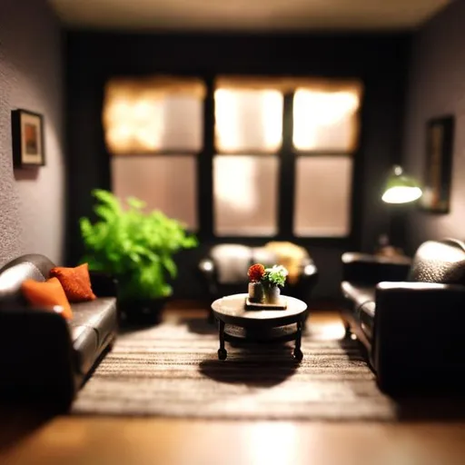 Prompt: miniature diorama macro photography, realistic manhattan living room apartment