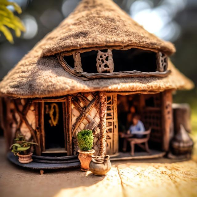 Prompt: miniature house diorama macro photography, African hut, cozy, ornate, person at the window 