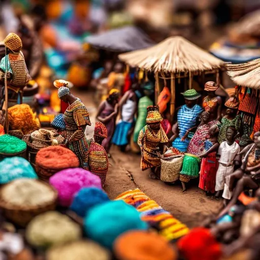 Prompt: miniature diorama macro photography, African market stalls with colorful fabrics, baskets of trinkets, and small figures engaged in trade