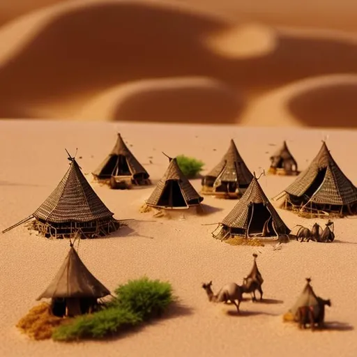 Prompt: miniature diorama macro photography, African nomadic tents, camels, and desert dunes African desert