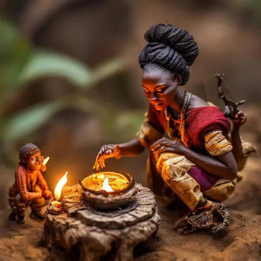 Prompt: miniature diorama macro photography, African, folktale, twilight, fire, storytelling, humans, podcast cover