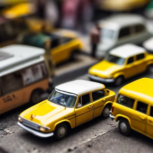 Prompt: Miniature Nigerian street diorama macro photography, yellow taxis and white vans and 1960’s cars, street sellers, bokeh, busy