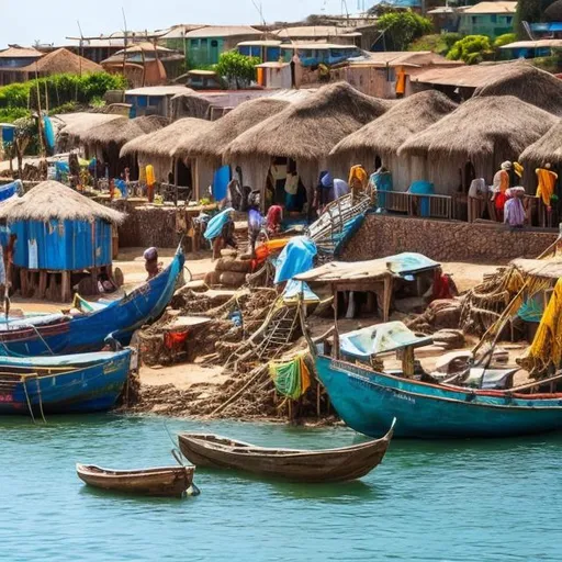 Prompt: Tiny African fishing village with boats, nets, baskets, seafront