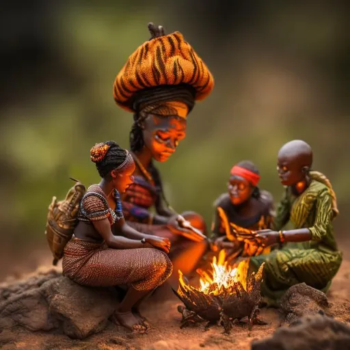 Prompt: miniature diorama macro photography, African, folktale, twilight, fire, storytelling, humans, podcast cover