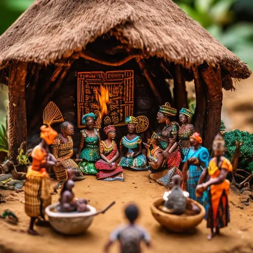 Prompt: miniature diorama macro photography, Intricate and colourful african huts, villagers in traditional attire, communal fire, beautiful African tribal culture