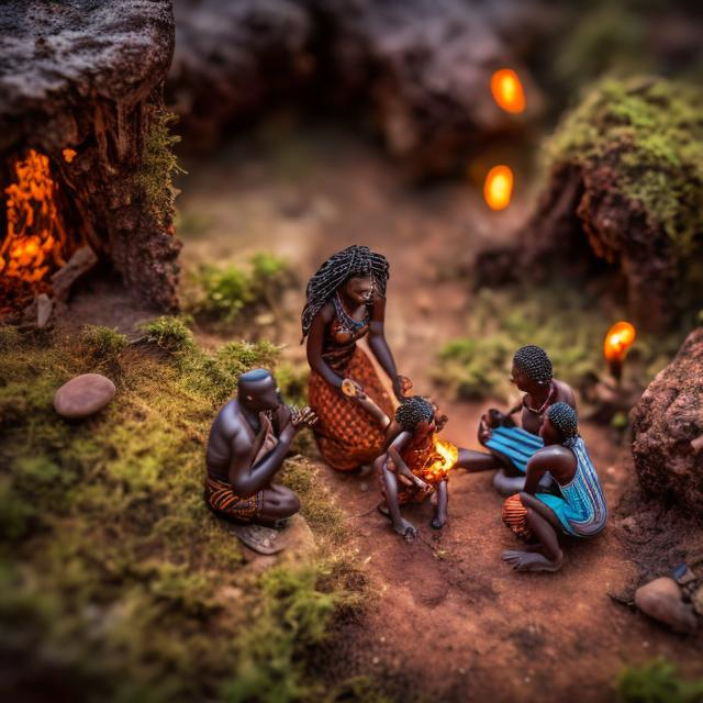 Prompt: miniature diorama macro photography, African, folktale, twilight, fire, storytelling, humans, podcast cover