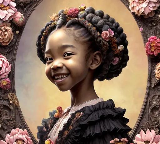 Prompt: Artwork by Daisuke Hagiwara of a black girl, braids, crown of flowers, Victorian dress with ruffles and bow details, smiling, hyper detailed and intricate, ornate, (sharp focus:1.2),smooth facial, eyes, nose, features, vivid, vibrant, 8K 3D, (UHD:1.2), 8k resolution, character design, CloverWorks, (rendered by real engine 5)