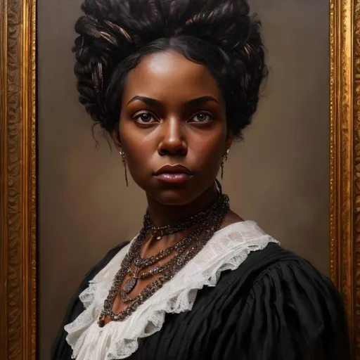 Prompt: Oil painting, Portrait of a black woman, in Victorian clothes,  perfect composition, hyperrealistic, super detailed, 8k, high quality, trending art, trending on art station, sharp focus, intricate details, highly detailed, realism art